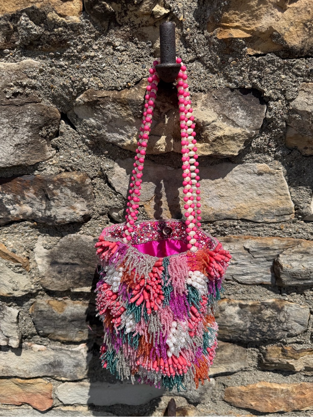 New Beaded fringe bag purse pink print.